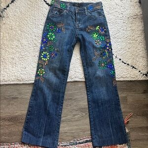 Arden B Y2K Low Rise Floral Embroidered Flare Jeans